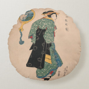 Japanska Kimono Woman Courtesan Artwork Rund Kudde