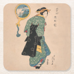 Japanska Kimono Woman Courtesan Artwork Underlägg Papper Kvadrat