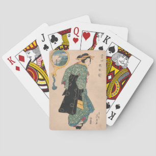 Japanska Kimono Woman: Ukiyo-e Woodblock Print Casinokort