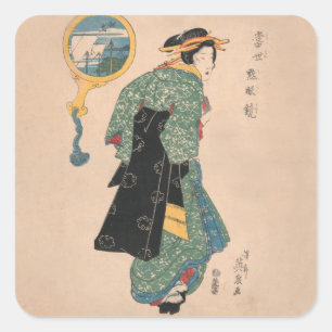 Japanska Kimono Woman: Ukiyo-e Woodblock Print Fyrkantigt Klistermärke