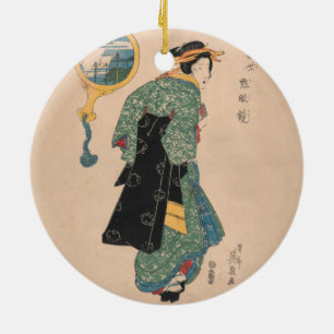 Japanska Kimono Woman: Ukiyo-e Woodblock Print Julgransprydnad Keramik