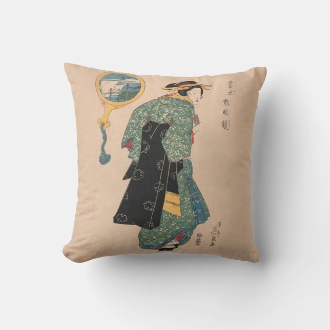 Japanska Kimono Woman: Ukiyo-e Woodblock Print Kudde (Framsida)