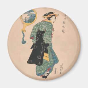 Japanska Kimono Woman: Ukiyo-e Woodblock Print Magnet