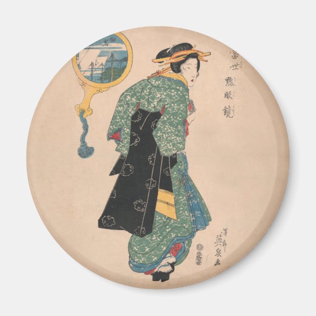 Japanska Kimono Woman: Ukiyo-e Woodblock Print Magnet (Framsidan)