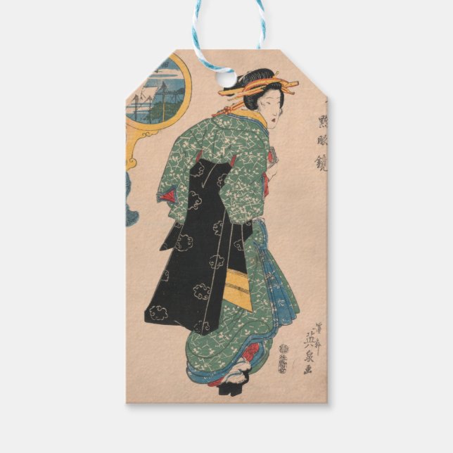 Japanska Kimono Woman: Ukiyo-e Woodblock Print Presentetikett (Framsidan)