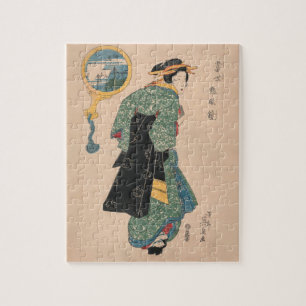 Japanska Kimono Woman: Ukiyo-e Woodblock Print Pussel