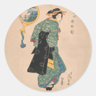 Japanska Kimono Woman: Ukiyo-e Woodblock Print Runt Klistermärke