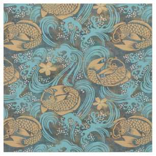 Japanska Koi Carp Teal Tyg