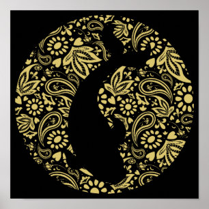 Japanska Koi Fish Black Guld Art Skriv ut Poster