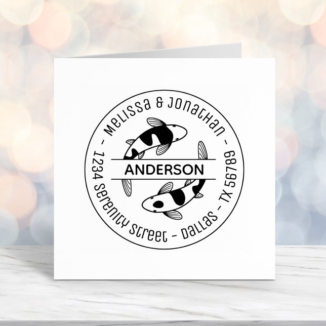 Japanska Koi Fish Couple Family Round Adress 3 Självfärgande Stämpel (Skapare uppladdad)