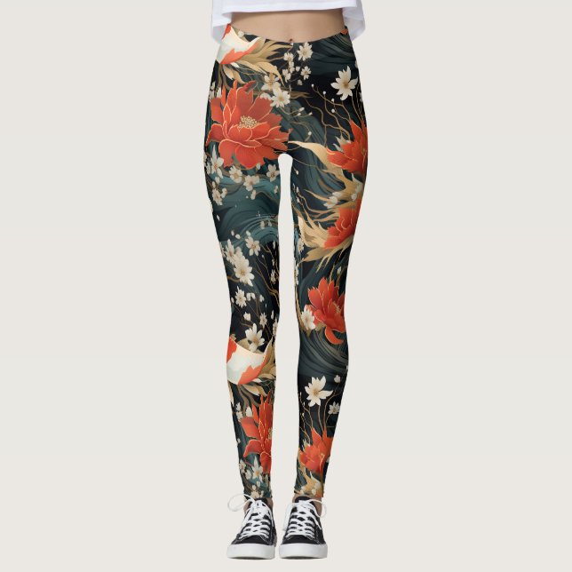 Japanska Koi Fish Seamless Mönster Leggings (Framsida)
