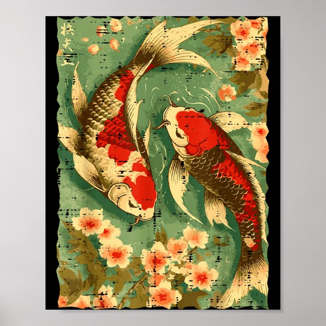 Japanska Koi Fisk Körsbärsblommor Sakura Konst Män Poster (Framsidan)
