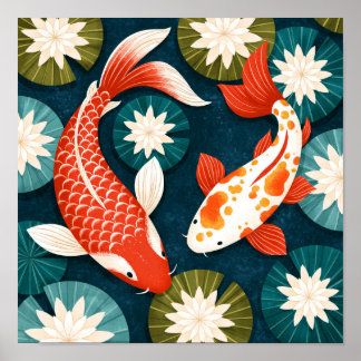 Japanska Koi-fiskar Lotusblommor Zen-trädgård Poster