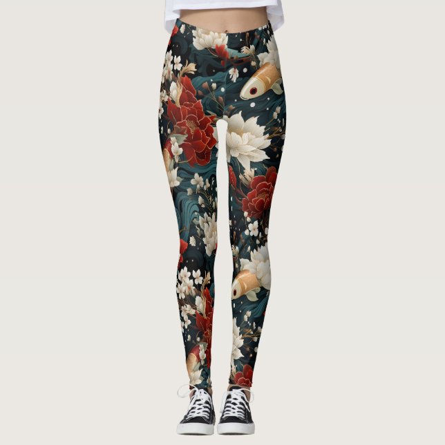 Japanska Koi-fiskar Sömlöst Mönster Leggings (Framsida)