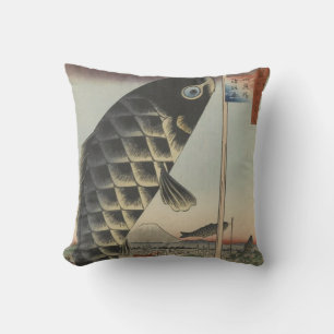 Japanska Koi Hiroshige Fisk Fest Flagga Kudde
