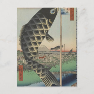 Japanska Koi Hiroshige Fisk Fest Flagga Vykort