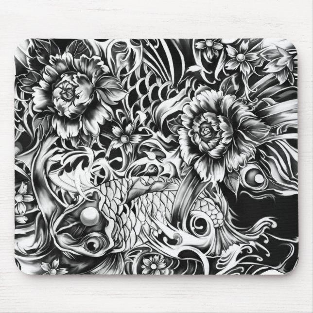 Japanska koi- och lotusblommablommor tatuerar musmatta (Framsidan)