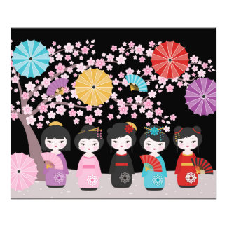Japanska Kokeshi Dolls Black Fototryck