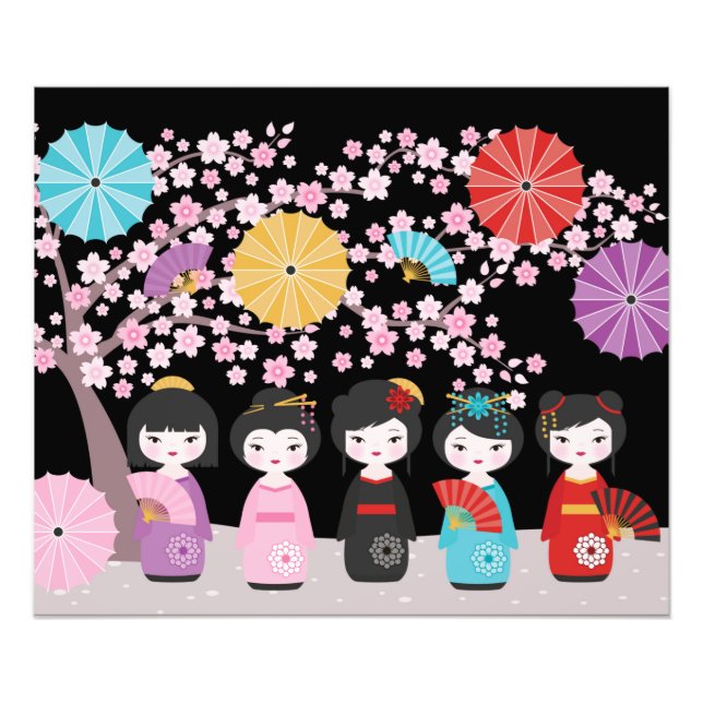 Japanska Kokeshi Dolls Black Fototryck (Framsidan)