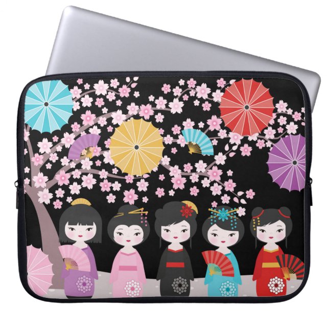 Japanska Kokeshi Dolls Black Laptop Fodral (Framsidan)
