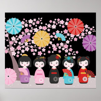 Japanska Kokeshi Dolls Black Poster
