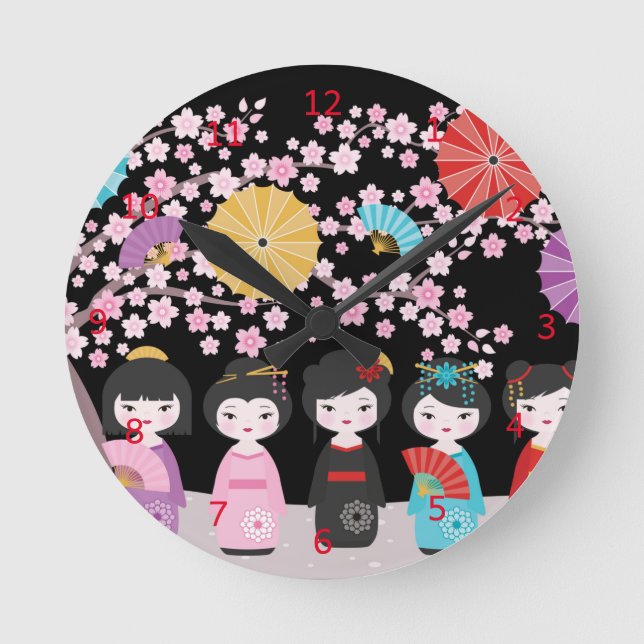 Japanska Kokeshi Dolls Black Rund Klocka (Framsida)