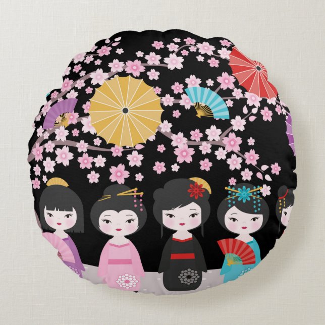 Japanska Kokeshi Dolls Black Rund Kudde (Framsidan)