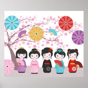 Japanska Kokeshi Dolls Poster