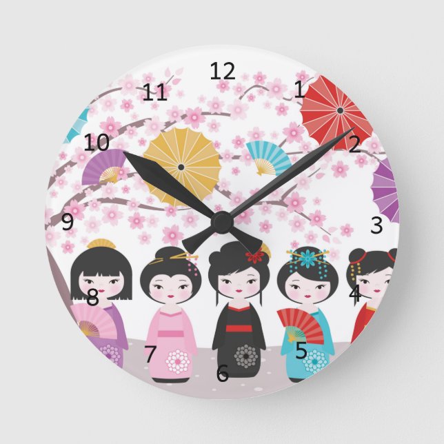 Japanska Kokeshi Dolls Rund Klocka (Framsida)