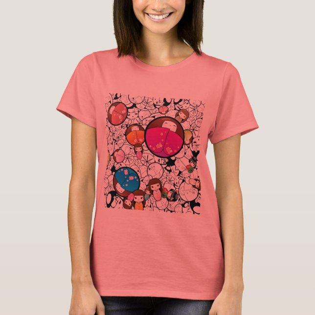 Japanska Kokeshi Dolls Tee Shirt (Framsida)