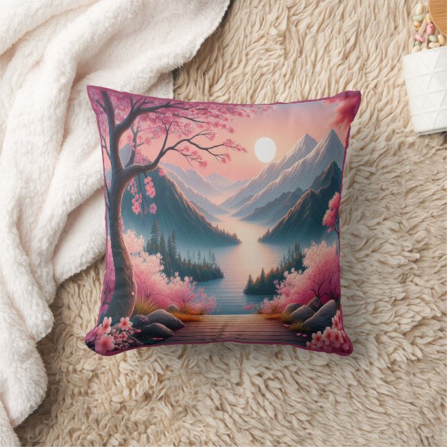 Japanska Körsbärsblommor Berg Skogslandskap Kudde (Filt)