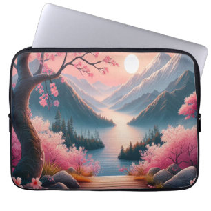 Japanska Körsbärsblommor Berg Skogslandskap Laptop Fodral
