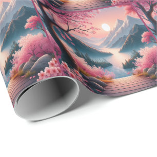 Japanska Körsbärsblommor Berg Skogslandskap Presentpapper