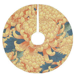 Japanska krysantemum: gult blommönster. julgransmatta borstad polyester
