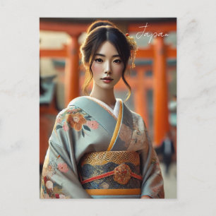 Japanska kvinnor i traditionell Kimono Torii Vykort
