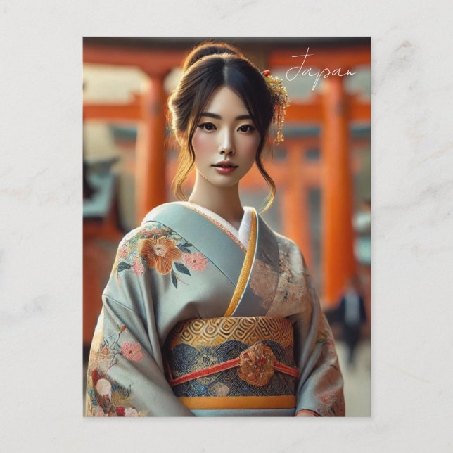 Japanska kvinnor i traditionell Kimono Torii Vykort (Framsida)
