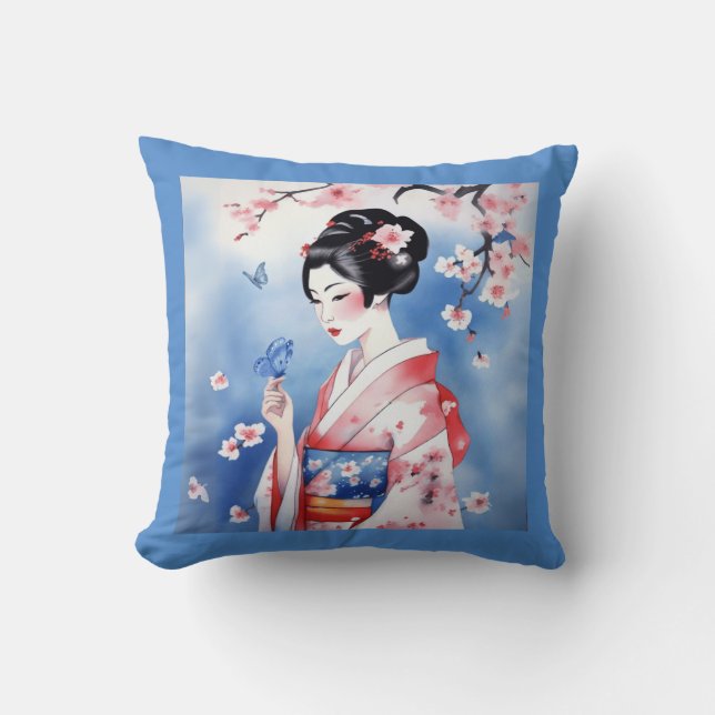 Japanska kvinnor med blå fjäril kudde (Framsida)