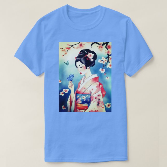 Japanska kvinnor med blå fjäril t shirt (Design framsida)