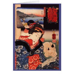 Japanska kvinnor och katt hälsningskort