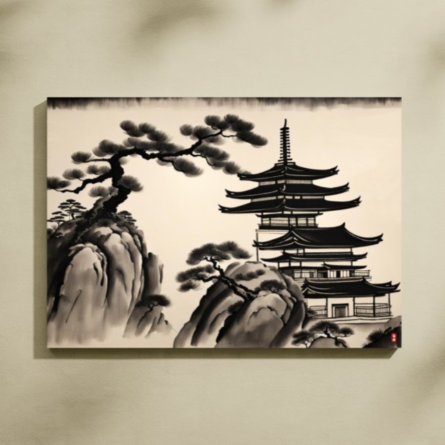 Japanska landskapsmålning Bläck Canvastryck (Japanese Landscape Ink Painting Canvas Print)