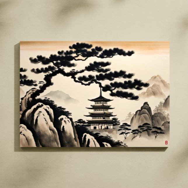 Japanska landskapsmålning Bläck Canvastryck (Japanese Landscape Ink Painting Canvas Print)