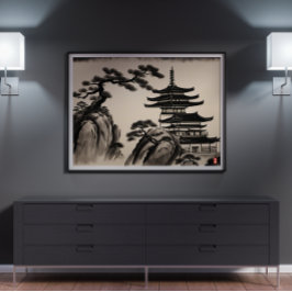 Japanska landskapsmålning Bläck Poster
