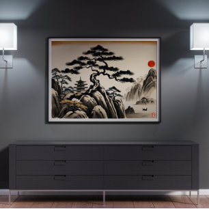 Japanska landskapsmålning Bläck Poster
