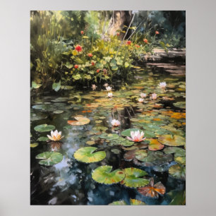 Japanska Lotus Flower Pond Art Print Poster