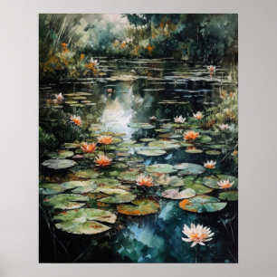 Japanska Lotus Flower Pond Art Print Poster