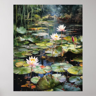 Japanska Lotus Flower Pond Art Print Poster