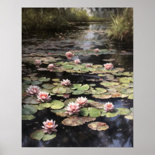 Japanska Lotus Flower Pond Art Print Poster