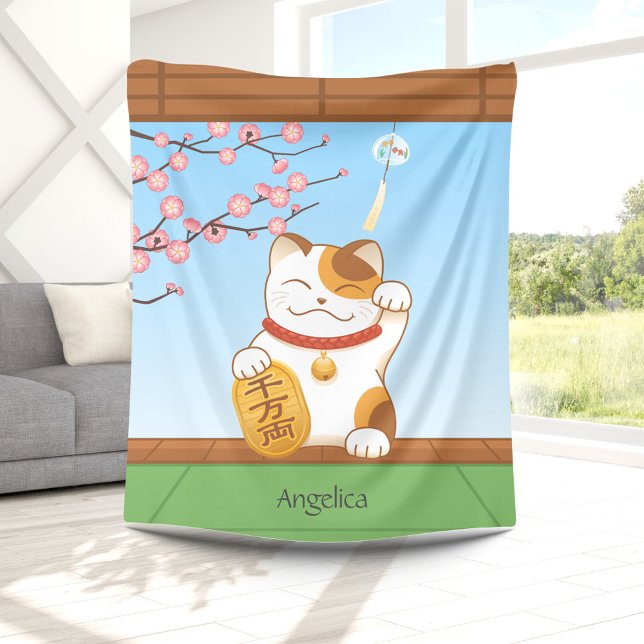 Japanska Lucky Calico Cat, Maneki Neko Fleecefilt (Skapare uppladdad)