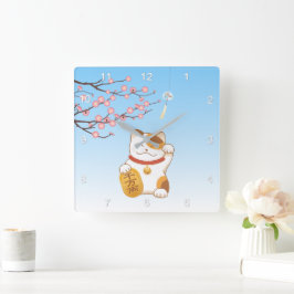 Japanska Lucky Calico Cat, Maneki Neko Fyrkantig Klocka