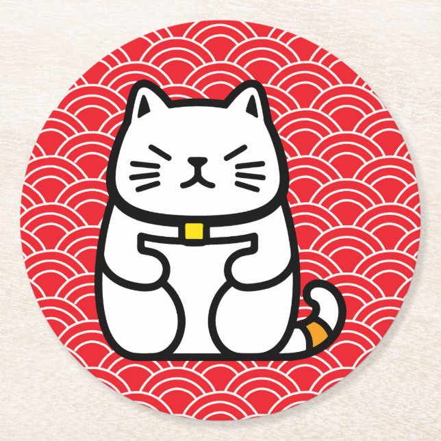 Japanska Lucky Cat eller Maneki-Neko Underlägg Papper Rund (Framsidan)
